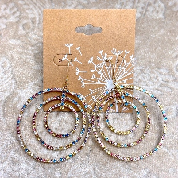 Brand New Pastel Rainbow Multicolored Triple Circle Rhinestone Drop Earrings - Picture 1 of 16